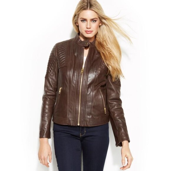 MICHAEL Michael Kors Women’s Brown 100% Leather Moto Jacket in Small - Picture 16 of 16